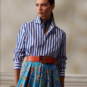 Hawes & Curtis Tailored Semi Fitted Blue Button Down Striped Top UK 14